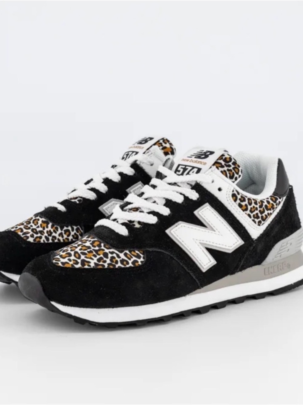 Girls New Balance 574 Black Leopard Print Sneakers